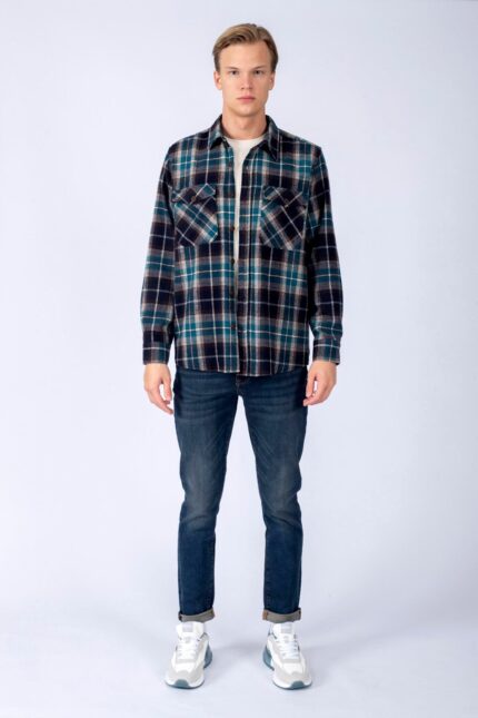 Tex Men's Woven Long Sleeve Shirt Coffee-Petrol
