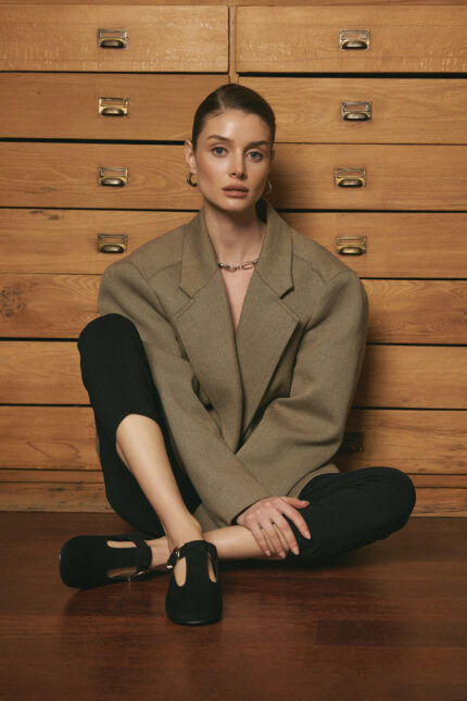 Women's Black Suede Window Buckle Ballerinas