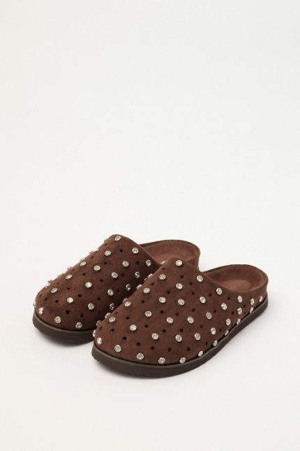 Women's Coffee Suede Crystal Sabo Slippers